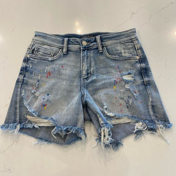 Judy Blue Mid-Rise Rainbow Paint Splash Jean Shorts Size Small - Picture 1 of 7